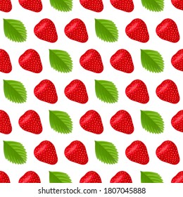 Ripe fresh strawberries and leaves, seamless berry pattern, organic natural healthy background, concept of healthy food and dieting
