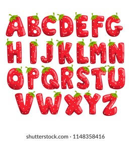 Ripe fresh strawberry English alphabet, bright red berry font vector Illustrations on a white background