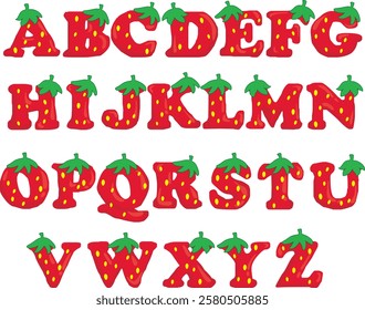 Ripe fresh strawberry English alphabet, bright red berry font vector Illustrations