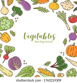 Ripe fresh vegetables background with place for text vector illustration. Colorful organic greenery salads and herbs in line art style. Vegetarian tasty vitamin food for healthy lifestyle