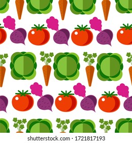 Ripe and fresh vegetables, cabbage and carrot, tomato and beetroot with leaves seamless pattern. Veggies for vegetarian and vegan menu, organic ingredients and appetizers, vector in flat style