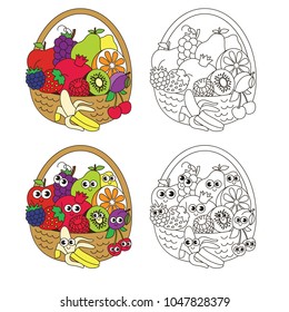 Ripe Fruit Harvest Basket elements set, collection of coloring book template, the group of outline digital elements vector illustration, kid educational game page.