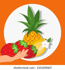 Ripe Fruits and Berries Color Vector Illustration. Hand Holding Strawberries. Pineapple and Lemon. Seasonal Harvest Flat Drawing. Exotic and Citrus Plants. Organic, Eco Product. White Flower