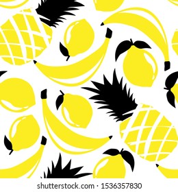 Ripe fruits, hand drawn overlapping background. Colorful tropical wallpaper vector. Seamless pattern with pineapples, lemons, bananas. Decorative colored illustration, good for printing