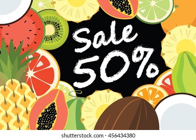 Ripe fruits mixed on black background. White isolated text.