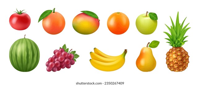 Frutas maduras ilustraciones vectoriales 3D realistas, alimentación saludable. Tomate, manzana y mango de pomelo, sandía y naranja, pera y uva, banana y piña comida vegetariana entera