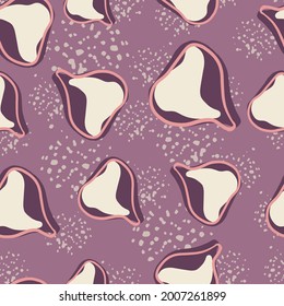 Frutos maduros sin fisuras con elementos de higuera aleatorios. Fondo morado pastel con salpicaduras. Diseñado para el diseño de tejidos, impresión textil, envoltura, cubierta. Ilustración vectorial.