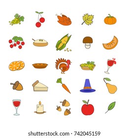 Ripe fruits, vegetables and berries, forest mushroom and acorns, alive and roast turkey, pumpkin porridge, apple pie, cone hat, glass of wine, burning candle and tree leaves vector illustrations.