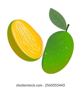 a ripe golden-yellow mango with a smooth gradient texture and a green leafy stem. Designed in a clean and vibrant style, for tropical themes, food  designs, summer, juice