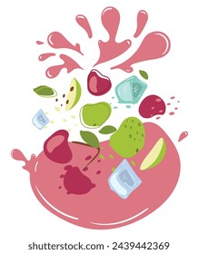 Ripe grape and ice cubes with splashes of juice. Vector illustration of organic fruit juice. Eco label concept for natural grape flavor with ice. Design of vape, juice, smoothie.