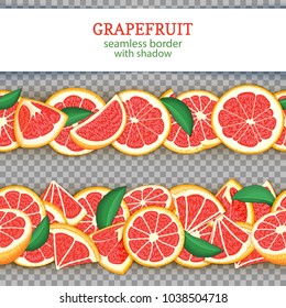 Ripe grapefruit fruit horizontal seamless borders. Vector illustration card Wide and narrow endless strip with red pomelo for design of food packaging juice breakfast, cosmetics, tea, detox diet.