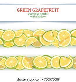 Ripe grapefruit fruit horizontal seamless borders. Vector illustration card Wide and narrow endless strip with green pomelo for design of food packaging juice breakfast, cosmetics, tea, detox diet.