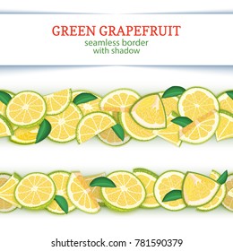 Ripe grapefruit fruit horizontal seamless borders. Vector illustration card Wide and narrow endless strip with green pomelo for design of food packaging juice breakfast, cosmetics, tea, detox diet.