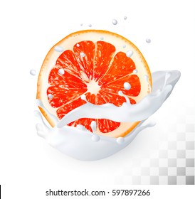 El pomelo maduro en una leche salpicada sobre un fondo transparente. Vector.