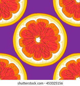 Ripe grapefruit on a purple background. Bright fruit. Seamless image.