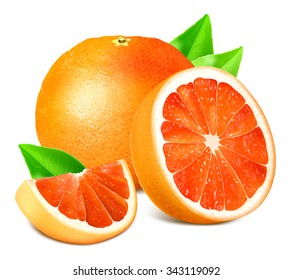 Ripe grapefruits with leaves. Vector illustration.
