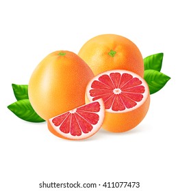 Ripe grapefruits and slices with leaf isolated on white background. Realistic vector illustration.