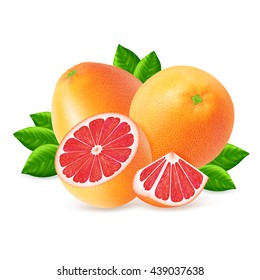 Ripe grapefruits and slices with leaf isolated on white background. Realistic vector illustration.