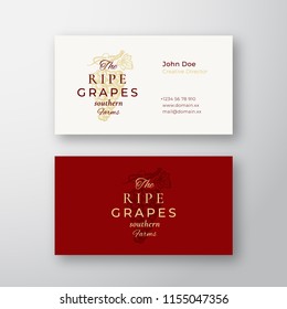 Ripe Grapes Farm Abstract Elegant Vector Sign or Logo and Business Card Template. Hand Drawn Grape Bunch with Leaf. Premium Stationary Realistic Mock Up. Modern Typography and Soft Shadows. Isolated.