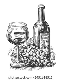 Ripe grapes, wine bottle and wine glass isolated on white background. Sketch vintage vector illustration