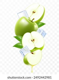 Ripe green apple and ice cubes. Composition of fresh apples with leaves, whole apple, half and slices of apple, 3D realistic vector illustration isolated on transparent background.