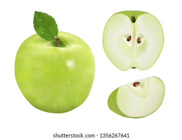 Ripe green apple with leaf, half, slice isolated on a white background 3d realistic illustration high detail. Vector illustration.