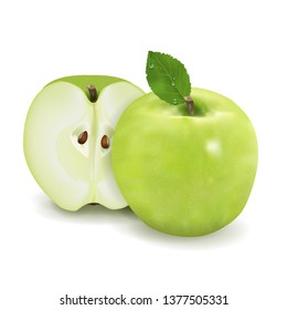 Ripe green apple with leaf and half isolated on a white background 3d realistic illustration high detail. Vector illustration.