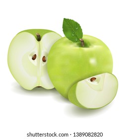 Ripe green apple with leaf and half, slice isolated on a white background 3d realistic illustration high detail. Vector illustration.