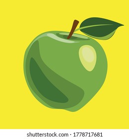 Una manzana verde madura con una hoja verde sobre un fondo amarillo.Ilustración vectorial