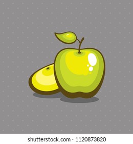 Ripe green apple and apple slice. Fruits vector illustration. Vegan raw menu. Outline color icon of Healthy food.