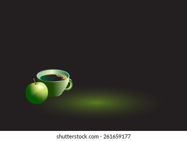 Ripe green apple and tea cup on black background - vector illustration.