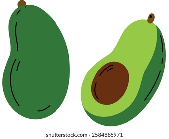 A ripe green avocado set on a plain white background is a healthy meal. Doodle sticker