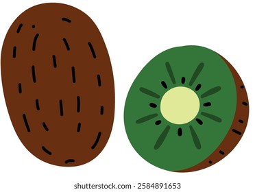 A ripe green kiwi, placed on a plain white background, is a healthy meal. Doodle sticker