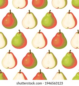 Ripe and half Christmas pear (or Comice pear) seamless pattern. Color background.