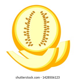 ripe half of melon with seeds and two slices isolate, vector