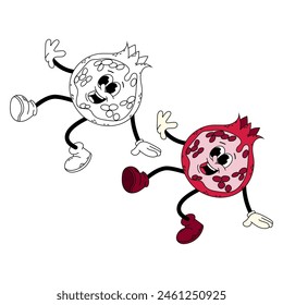 Ripe half pomegranate. Funny cartoon retro groovy half pomegranate character in flat style. Pomegranate doodle character.