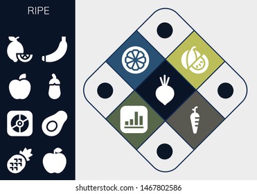 ripe icon set. 13 filled ripe icons.  Collection Of - Beet, Pineapple, Apple, Avocado, Aubergine, Lemons, Banana, Watermelon, Mangosteen, Carrot