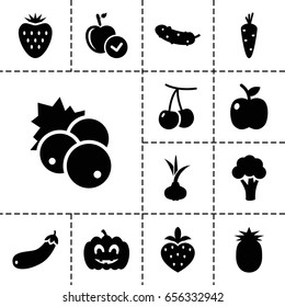 Ripe icon. set of 13 filled ripe icons such as currant, onion, carrot, cherry, cauliflower, apple, cucumber, aubergine, strawberry, pumpkin haloween
