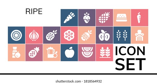 ripe icon set. 19 filled ripe icons. Included Carrot, Kiwi, Juice, Pineapple, Apple, Watermelon, Wheat, Onion, Berry, Strawberry icons