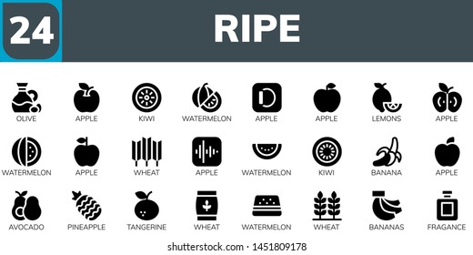 ripe icon set. 24 filled ripe icons.  Simple modern icons about  - Olive, Apple, Kiwi, Watermelon, Lemons, Wheat, Banana, Avocado, Pineapple, Tangerine, Bananas, Fragance