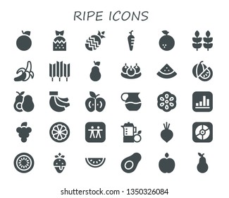 ripe icon set. 30 filled ripe icons.  Collection Of - Orange, Strawberry, Pineapple, Carrot, Wheat, Banana, Pear, Bitterballen, Watermelon, Avocado, Bananas, Apple, Juice, Berry