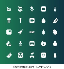 ripe icon set. Collection of 25 filled ripe icons included Eggplant, Apple, Cherry, Watermelon, Pineapple, Mangosteen, Potato, Wheat, Cucumber, Banana, Carrot, Asparagus, Grapes