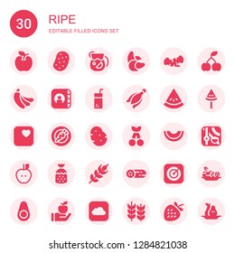 ripe icon set. Collection of 30 filled ripe icons included Apple, Potato, Juice, Banana, Carrot, Watermelon, Cherry, Melon, Strawberry, Wheat, Cucumber, Avocado, Pear