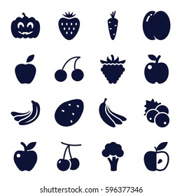 ripe icons set. Set of 16 ripe filled icons such as currant, potato, carrot, peach, cherry, banana, cauliflower, Cherry, apple, raspberry, pumpkin haloween