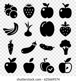 Ripe icons set. set of 16 ripe filled icons such as currant, onion, carrot, peach, banana, cauliflower, apple, cucumber, aubergine