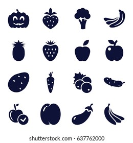 Ripe icons set. set of 16 ripe filled icons such as currant, potato, carrot, peach, banana, eggplant, cauliflower, apple, cucumber, strawberry, pumpkin haloween