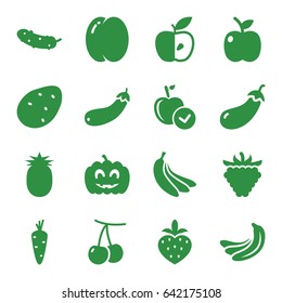 Ripe icons set. set of 16 ripe filled icons such as potato, carrot, peach, cherry, banana, eggplant, apple, cucumber, raspberry, aubergine, strawberry, pumpkin haloween