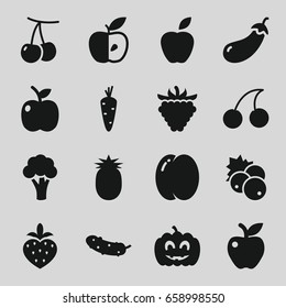 Ripe icons set. set of 16 ripe filled icons such as currant, carrot, peach, cherry, eggplant, cauliflower, cherry, cucumber, apple, raspberry, strawberry, pumpkin haloween
