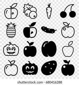 Ripe icons set. set of 16 ripe filled and outline icons such as potato, peach, cherry, cucumber, apple, pumpkin haloween, currant, carrot