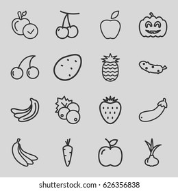 Ripe icons set. set of 16 ripe outline icons such as currant, potato, onion, carrot, cherry, banana, apple, Cherry, cucumber, aubergine, pumpkin haloween, pineapple